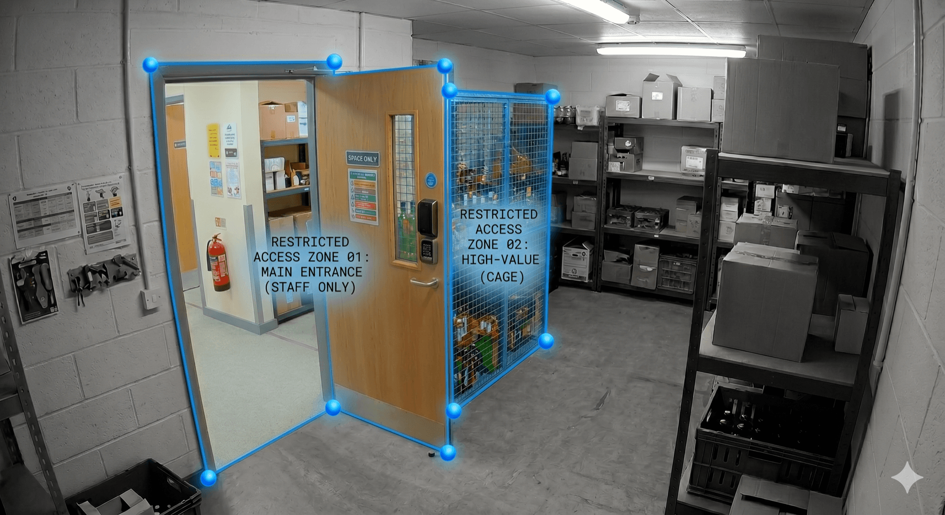 A retail stockroom photographed from a corner camera, with two cyan polygon overlays marking restricted-access zones: a 'main entrance, staff only' door on the left and a 'high-value cage' on the right. Edges of the zones have cyan vertex dots, the way the QuantumEye zone editor renders them.