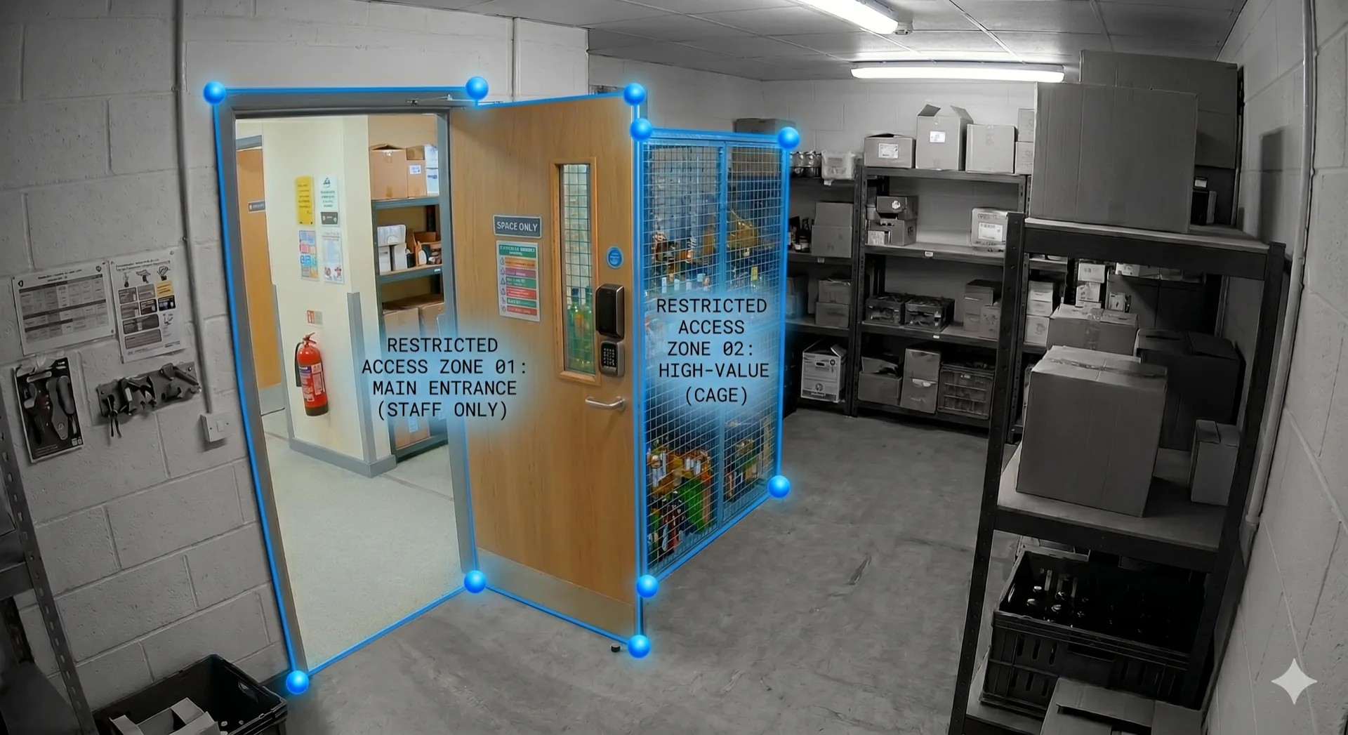 A retail stockroom photographed from a corner camera, with two cyan polygon overlays marking restricted-access zones: a 'main entrance, staff only' door on the left and a 'high-value cage' on the right. Edges of the zones have cyan vertex dots, the way the QuantumEye zone editor renders them.